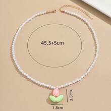 1pc Sweet Fresh Gentle Style Pink & Green Tulip Pendant Baroque Beaded Necklace, Suitable For Wedding, Banquet, Party, Dress Outfit - Multicolor - View 2
