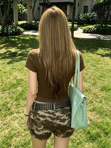 女款黑色鏤空短袖圓領針織T恤，中度彈性，休閒風，夏季性感短版上衣 - 咖啡棕 - 查看 5