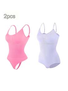 2Pcs High Waist Tummy Control Thong Bodysuit Figure - 粉紅紫 - 查看 7