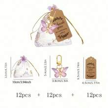36 Pcs/12 Sets, Butterfly Keychain Gift Set, 12 Pcs Acrylic Purple Keychains, 12 Pcs Brown Cards And 12 Pcs Organza Drawstring Bags, Gender Reveal Party, Suitable For Birthday, Wedding, Christmas Party, Perfect Gift For Colleagues And Friends - Multicolor - View 12