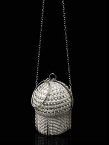 Mini Rhinestone Tassel Handheld Evening Bag - Silver - View 6