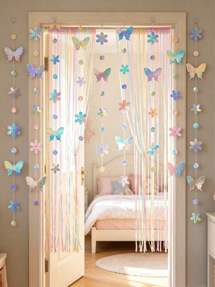 1pc Paper Shiny Butterfly & Flower Tassel Decoration, Lightweight Eye-Catching, Personalized Baby Gift, Kids Room Decor, Gender Reveal Party Decoration - Multicolor - View 1