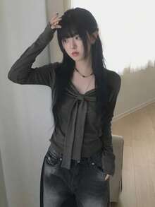 Spring/Autumn Casual Bowknot Long Sleeve T-Shirt - Grey - View 4