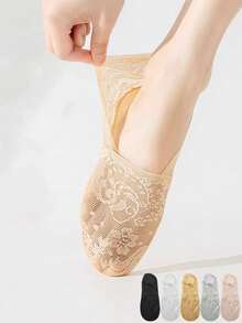 chuanwa(2) 1/5/10 Pairs Of Women's Openwork Floral Lace Invisible Summer Thin Breathable Silicone Anti-Slip Flats High Heels Invisible Boat Socks - Multicolor - View 3