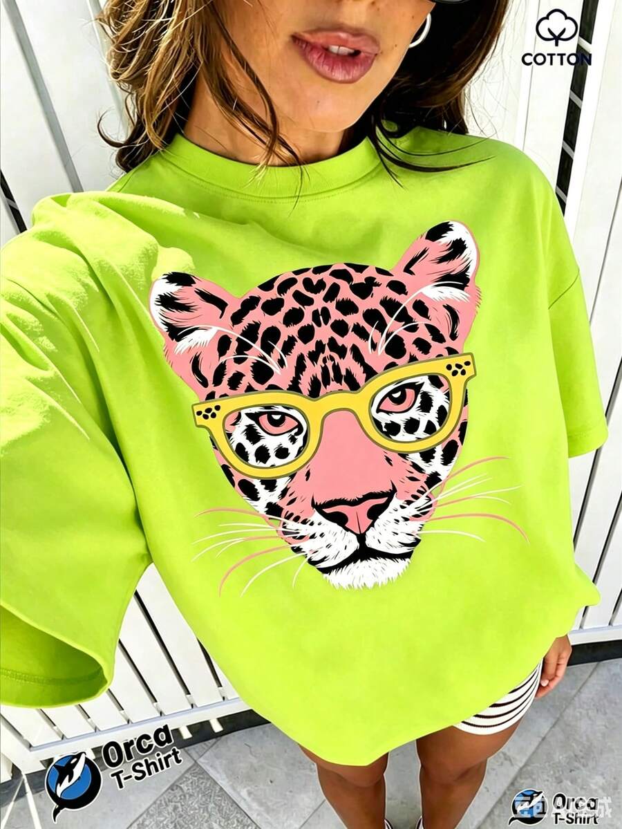 2026 New Women's Ocean Resort Style Short Sleeve T-Shirt, 100% Cotton Loose Fit, Colorful Tropical Fish And Starfish Decorative Print, Breathable And - 螢光綠 - 查看 1