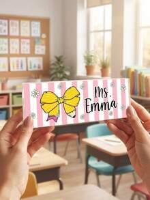 1pc Custom Teacher Desk Name Plate, Personalized SPink Striped Bow Pencil Daisy Long Freestanding Acrylic Table Block,Teacher Appreciation Gift,Back To School,Office Desk Decor,Teacher Office Workstation - Multicolor - View 5