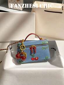 Cherry Embroidered Square Handbag, Red Short Handle, Gold Metal Chain Shoulder Strap, Cute Cherry Charm, Dual Zipper Pockets, Compact Bag Style, Suitable For Dates And Outings - Blue - View 1