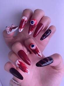 10PCS Women Almond Nails, Acrylic Fake Nails With 3D Eyeball Nail Charms & Glossy Blood Drip Nail Art, White Red Black Horror Striped Almond Cut, Handmade Spooky Gothic Press On Nails, Nail Supplies - Hot Pink - View 3