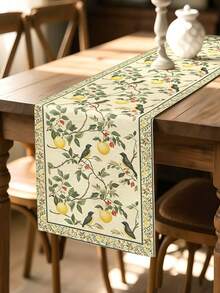 1pc Lemon Bird & Leaf Table Runner - Yellow Green Floral Farmhouse Decor, Lemon Bird Print Suitable For Dining Table, Party, Table Setting, Rectangular Runner - Olive Green - View 2