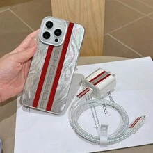6件組羽毛紗網IMD透明手機殼 + 充電頭保護套 + 線材保護套 + 收納繩 + 數據線保護繩包，TPU防震保護殼，適用於Apple手機，適合作為情侶、家人和朋友的生日與聖誕禮物 - 彩色 - 查看 4