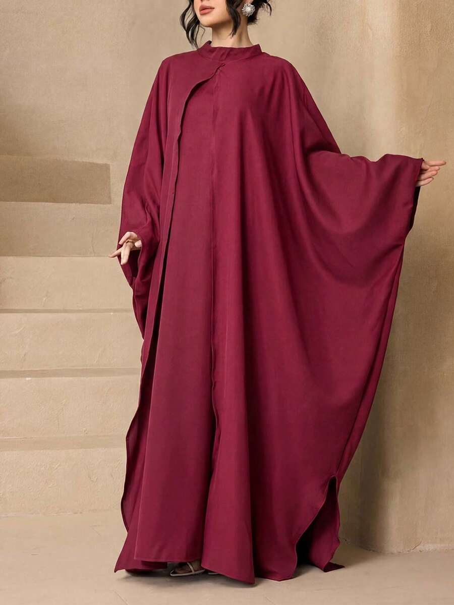 3pcs Fashionable Versatile Solid Color Broken Card Long Robe Set For Women, Elegant Sleeveless Long Robe + Loose Abaya Cardigan Long Robe + Scarf Set, Soft Skin-Friendly Sun Protection Muslim Clothing Shawl - Burgundy - View 1