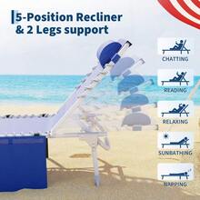 Juego de 2 bancos reclinables de exterior para jardín - 3 en 1 con orificio facial y mesa lateral plegable - 5 posiciones ajustables,estructura textilene resistente,Ideal para piscina, terraza y patio - Azul marino - Ver 3