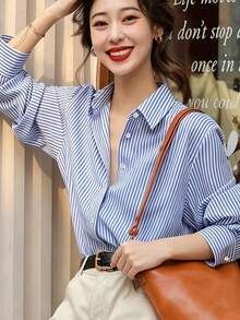 Women's Blue & White Striped Long Sleeve Shirt Collar Blouse, Collegiate Style Polyester Top, Autumn Fashion Choice - Blue - View 11