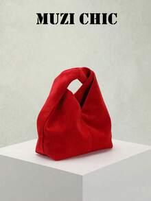 Tas Clutch Suede Merah dengan Tali Simpul, Bentuk Segitiga Sederhana, Dompet Genggam Portabel untuk Acara Formal dan Aktivitas Sehari-hari - Merah - View 4