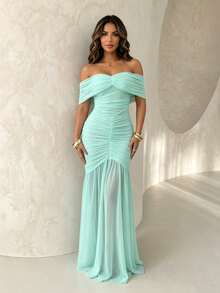 ChicMe Women's Off Shoulder Ruched Long Mermaid Hem Dress, Sleeveless Fitted Elegant Cocktail Party Dress - Mint Green - View 2