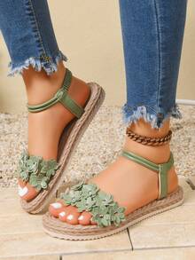 1 Pair Floral Print Beach PU Leather Flower Embroidery Flat Sandals Summer Elastic Adjustable - Green - View 6