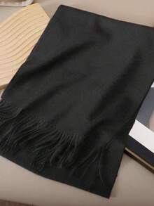 1pc Autumn/WinterFashionableElegantSolidColor Wool Warm Pashmina Scarf For Men And WomenCasual Cold-Proof Tassel Couple Shawl, Suitable For Daily Wear - Black - View 3