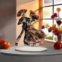 2D Flat Vintage Floral Dancing Skeleton Couple Desktop Decor, Day Of The Dead, Christmas, Holiday Atmosphere Desktop Ornament - A - View 3