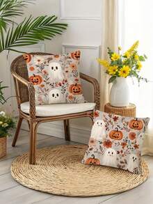 2pcs Cute Ghost Pumpkin Floral Pillow Covers, Vintage Autumn Wildflower Cute Ghost Jack-O'-Lantern Decorative Throw Pillow Covers, Suitable For Halloween, Country Farmhouse, Sofa, Bedroom, Porch, Pastoral Style Holiday Home Decor, Autumn Soft Furnishing - Multicolor - View 6