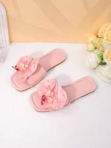 1 Pasang Sandal Anak Perempuan Motif Bunga Merah Muda, Anti Selip, Tahan Aus, Ujung Persegi, Model Rendah, Sol Datar Terbuka, Gaya Segar dan Manis, Cocok untuk Musim Semi/Panas, Pantai, Aktivitas Luar Ruangan, dan di Rumah - Berwarna merah muda - View 5