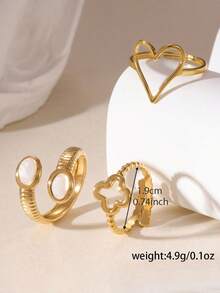 3pcs/Set Rantai Stainless Steel 14K Bentuk Hati & Manik-Manik Daun Semanggi, Cincin Terbuka, Cocok untuk Pemakaian Sehari-hari Wanita, Hadiah Hari Ibu - Emas - View 4