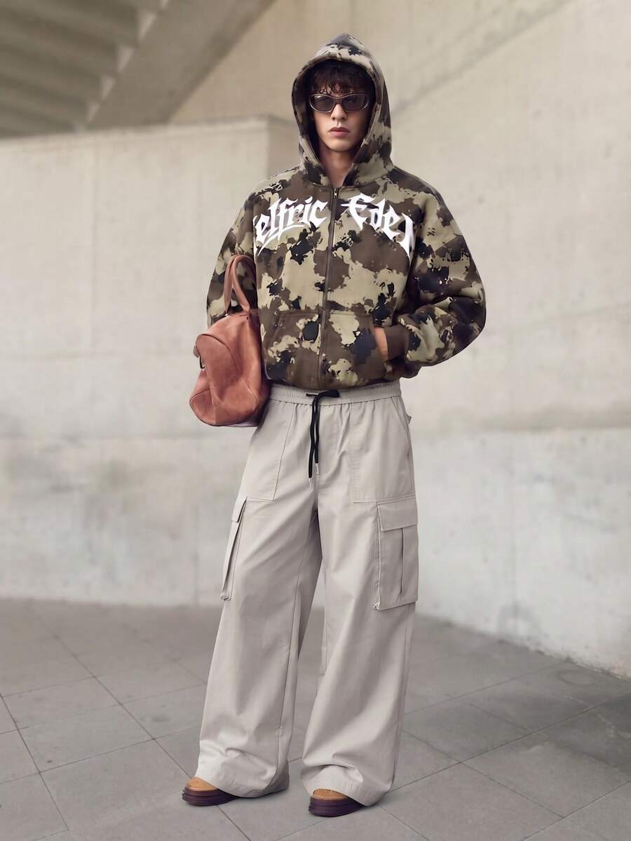 Men's Cargo Pants Elastic Waist Long Pants Woven Straight Leg Loose Casual Minimalist Style Dual Pockets Drawstring Cargo Long Pants Spring Summer - Apricot - View 1