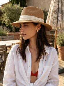 1pc Women's Classic Straw Panama Sun Hat, Breathable Woven Wide Flat Brim Hat With Beige Fabric Band, Foldable Portable UV Protection Outdoor Hat, El - A - View 2