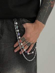 1pc Vintage Colorful Rhinestone Cross & Pearl Double Layer Pants Chain, Men's American Street Style Jeans Waist Chain - Cross Diamond Trouser Chain - View 3