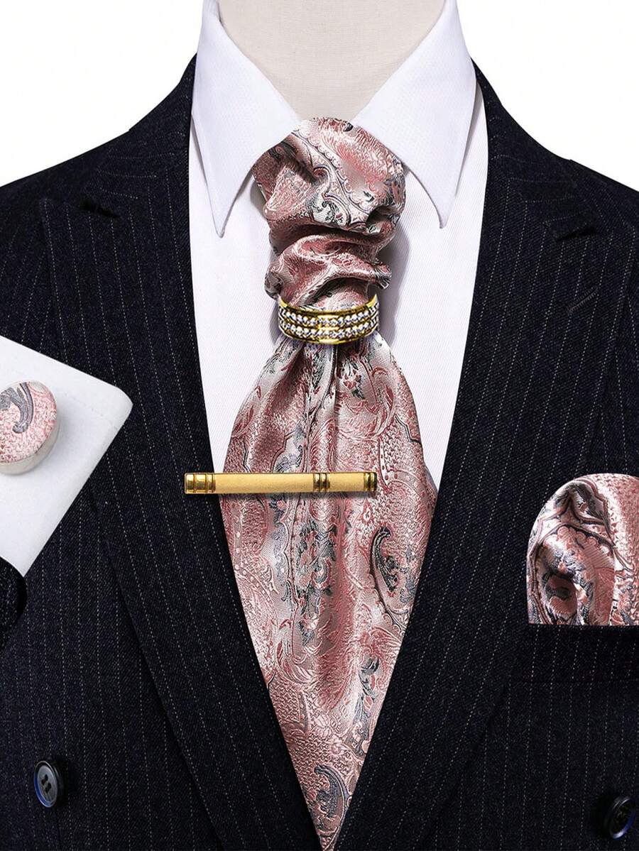 5Pcs Dusty Pink Jacquard Ascot Tie Pocket Square Cufflinks Ring Tie Clip Set,Cufflinks Pattern Random,Formal Accessories For Wedding - Dusty Pink - View 1