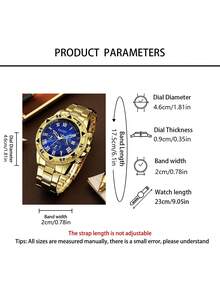 2pcs/Set Men's Gold Luxury Watch Set, Blue Dial Roman Numeral Three-Eye Gold Watch, One All-Gold Stainless Steel Band, One Gold Case Black Silicone Strap, Elegant Men's Accessory, Fresh For Summer, Suitable For Valentine's Day, Birthday, Father's Day As Luxury Gift For Boyfriend, Son - Multicolor - View 4