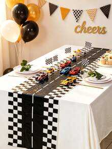 1pc 35*180cm Racing Track Table Runner, Black And White Racing PE Tablecloth, Racing Birthday Tablecloth, Car Theme Party Tablecloth, Horse Racing Theme Party Tablecloth, Racing Event Table Center Decoration, Racing Outdoor Party Disposable Table Runner, Boy Birthday Party Table Cover, Birthday Photo Props, Baby Shower Decoration, Kitchen Dining Table Decoration, Restaurant Cabinet Cover, Room Decoration, Home Decoration, Back To School Decoration, Halloween Decoration, Christmas Decoration, Birthday Gift, Party Favor - Racing Track - View 2