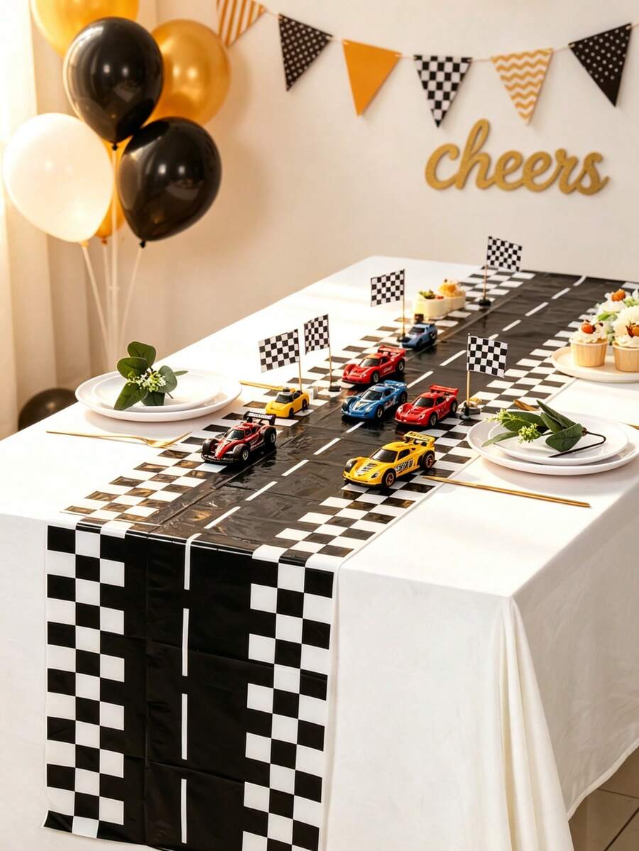 1pc 35*180cm Racing Track Table Runner, Black And White Racing PE Tablecloth, Racing Birthday Tablecloth, Car Theme Party Tablecloth, Horse Racing Theme Party Tablecloth, Racing Event Table Center Decoration, Racing Outdoor Party Disposable Table Runner, Boy Birthday Party Table Cover, Birthday Photo Props, Baby Shower Decoration, Kitchen Dining Table Decoration, Restaurant Cabinet Cover, Room Decoration, Home Decoration, Back To School Decoration, Halloween Decoration, Christmas Decoration, Birthday Gift, Party Favor