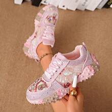 Women's Thick Sole Rhinestone Chunky Sneakers, Spring/Autumn New Style, Full Rhinestone Breathable Heavy-Duty Street Style Mesh Inlaid Rhinestone Niche Design Height-Increasing Fashion Sports Casual Shoes - Pink - View 1
