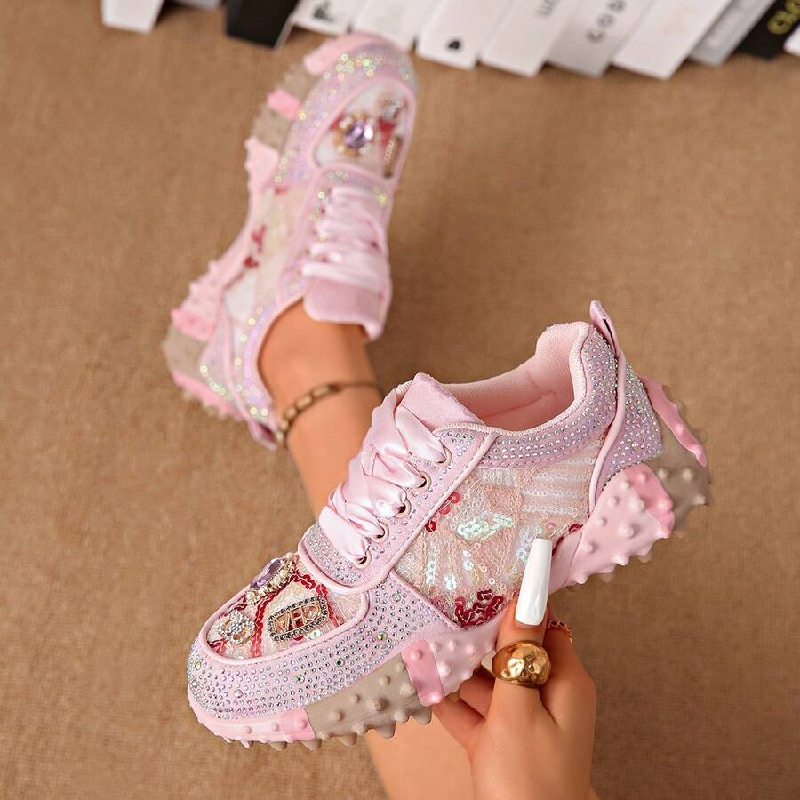 Women's Thick Sole Rhinestone Chunky Sneakers, Spring/Autumn New Style, Full Rhinestone Breathable Heavy-Duty Street Style Mesh Inlaid Rhinestone Niche Design Height-Increasing Fashion Sports Casual Shoes - Pink - View 1