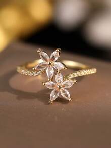 1pc Gold Double Flower Full Cubic Zirconia Ring, Sparkling Marquise Cut Gemstone Jewelry, Suitable For Women's Wedding Party Wear And Gift - Gold - View 1