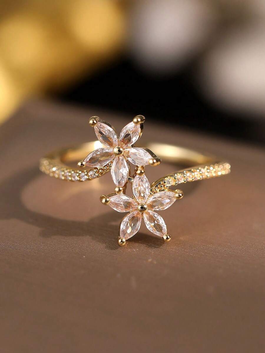 1pc Gold Double Flower Full Cubic Zirconia Ring, Sparkling Marquise Cut Gemstone Jewelry, Suitable For Women's Wedding Party Wear And Gift - Gold - View 1