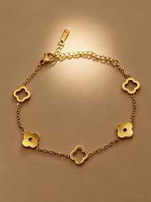 ZCNC Znice Fashion Stainless Steel + Copper 18K Gold Plated Women's Flower Rhinestone Bracelet & Bracelet Set, Lucky Four-Leaf Clover Open Cuff Bracelet Combination, Suitable For Women's Daily Wear, Holiday Gift, Fashion Women's Bracelet Set - Gold - View 10