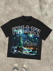 Boys Summer Cotton Crew Neck T-Shirt, Dark Streetwear Liberty Statue Lightning Graphic Print Short Sleeve Tee, Soft Stretch Comfort Casual Daily Top - 黑色 - 查看 1