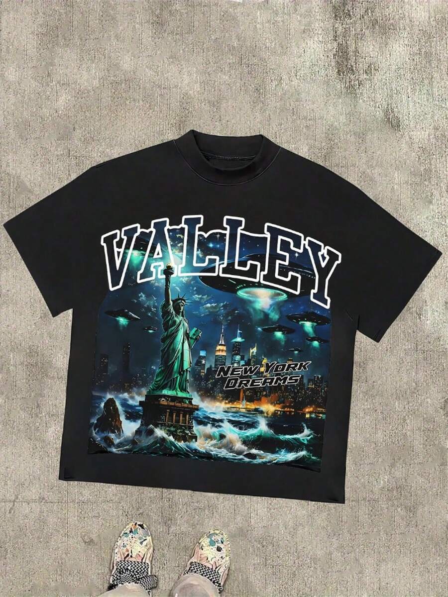Boys Summer Cotton Crew Neck T-Shirt, Dark Streetwear Liberty Statue Lightning Graphic Print Short Sleeve Tee, Soft Stretch Comfort Casual Daily Top - 黑色 - 查看 1
