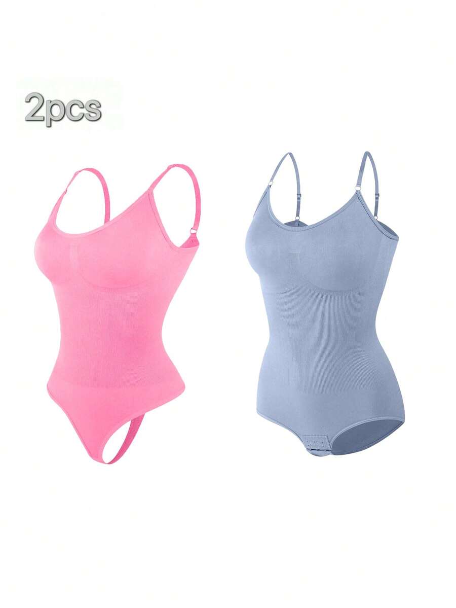 2Pcs High Waist Tummy Control Thong Bodysuit Figure - 粉紅藍 - 查看 1