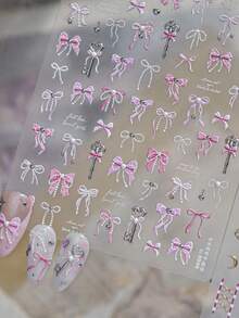 1 Sheet Of Crystal Diamond Pink White Bow Nail Art Stickers, Self-Adhesive DIY Nail Decorations Featuring 3D Embossed Gradient Ribbon Bows, Pearl Chains, Metal Heart Pendants, Mini Silver Rhinestones And Cursive English Lettering - Multicolor - View 7