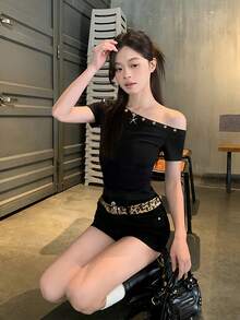 Yorily Asymmetrical Ruched Waist T-Shirt For Women, Asymmetric Asymmetrical Shoulder Crop Top With Short Sleeves, Summer Casual Black - Black - View 2