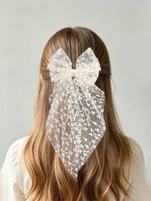 1件女孩白色蕾絲刺繡可愛優雅長尾蝴蝶結面紗髮夾，女孩裝飾性髮飾 - 彩色 - 查看 7