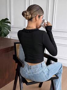 French Style Lace Patchwork Tie-Up Long Sleeve T-Shirt Women's Autumn Slim Fit Base Layer Top - Black - View 3