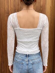 Elegant Fashion Lace Patchwork Square Neck Slim Fit Women's T-Shirt, New Autumn/Winter Style, Suitable For Daily Commute - White - View 3