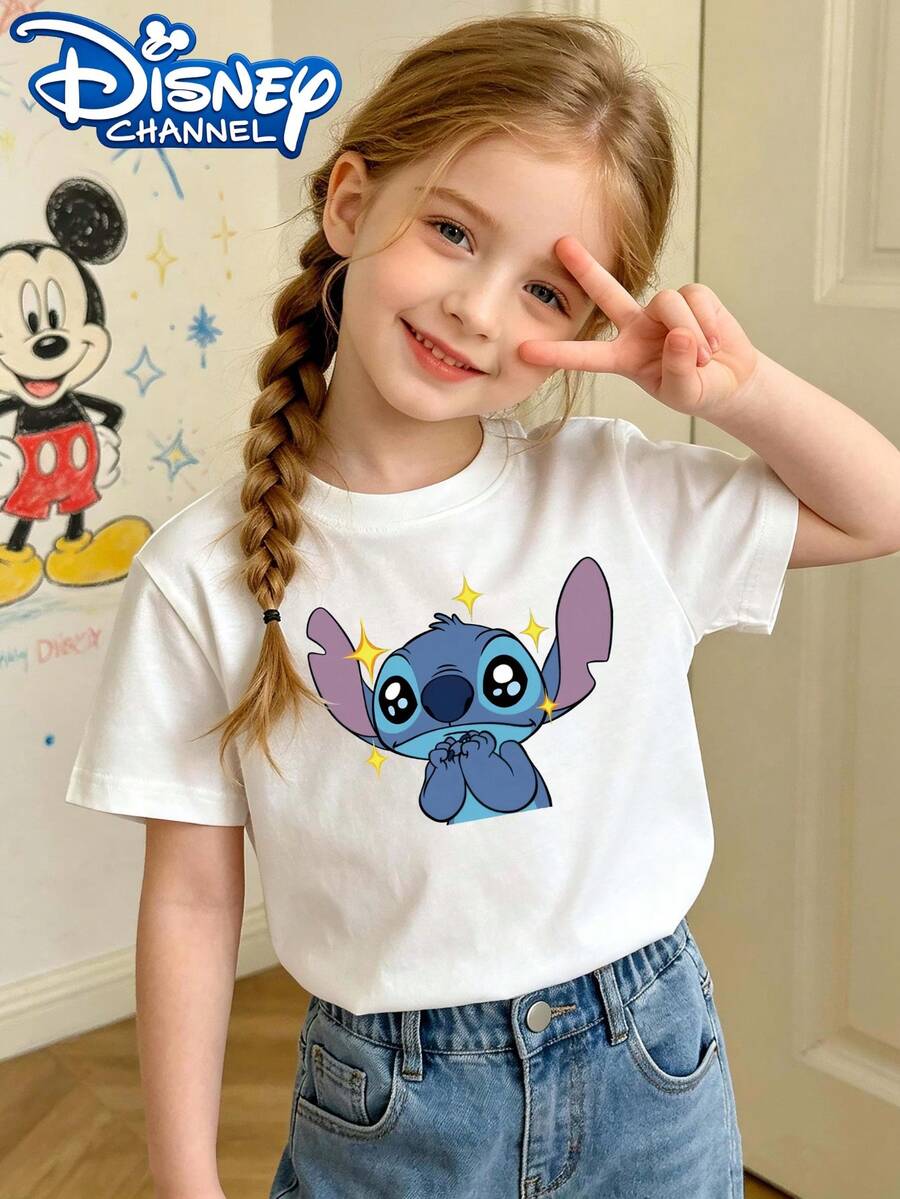 Camiseta doble de ocio para niña, camiseta blanca de manga corta con lindo estampado de Stitch de Disney, corte holgado para niños, ideal para salidas diarias y fiestas - Blanco - Ver 1