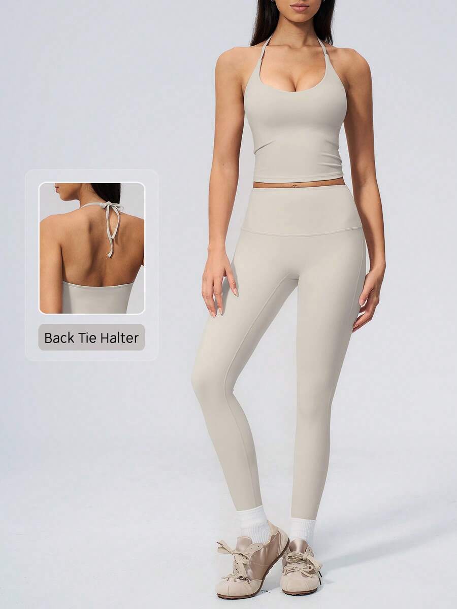 NcmRyu Women's One Set Solid Color Halter Tie U-Neck Backless Cropped Tank Top & High Waist Ankle Pants Sports Set - Grey - View 1