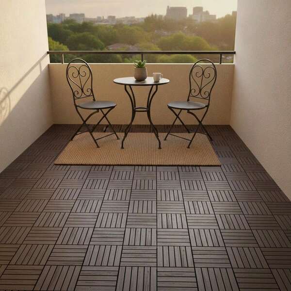 Interlocking Deck Tiles 12x12 Inch, Composite Plastic Outdoor Flooring With Striped Drainage Design, Easy Install Patio Decking For Balcony Porch Backyard, Dark Brown, 36 Pack-XY217876
