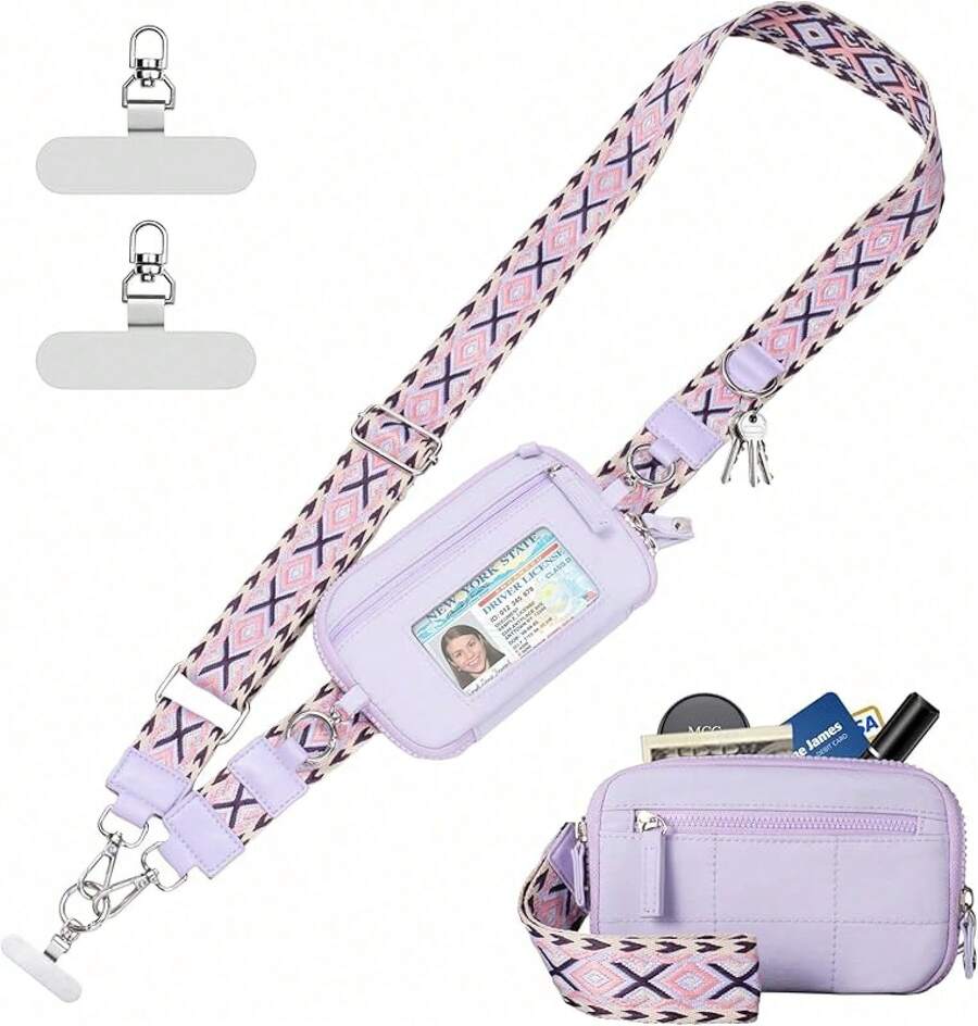 Correa Clip And Go para Teléfono con Cartera, Cordón Cruzado con Cierre Antirrobo, Cartera de Muñeca Desmontable con RFID y Ventana para Identificación para Viajes Diarios - Morado - Ver 1