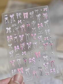 1 Sheet Of Crystal Diamond Pink White Bow Nail Art Stickers, Self-Adhesive DIY Nail Decorations Featuring 3D Embossed Gradient Ribbon Bows, Pearl Chains, Metal Heart Pendants, Mini Silver Rhinestones And Cursive English Lettering - Multicolor - View 4